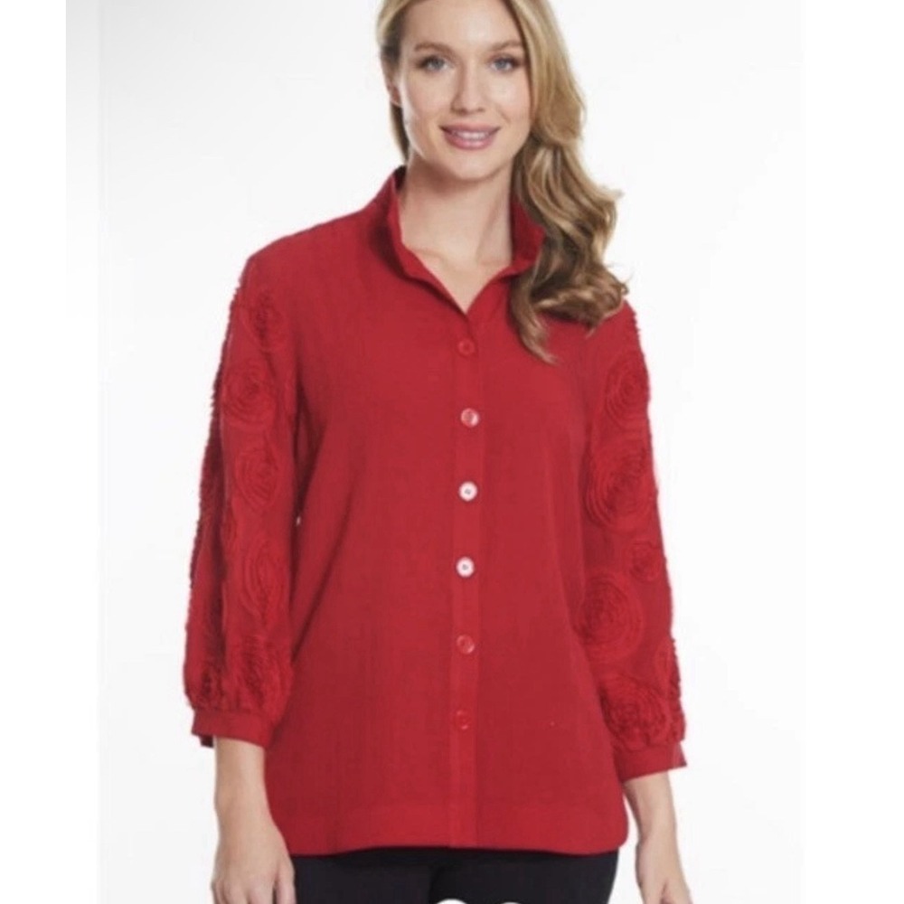 JOHN MARK Red 3D Flower Button Up Tunic Size 2X Woven Wire Collar Rosettes